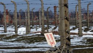 "never again, never forget" (words on placard)