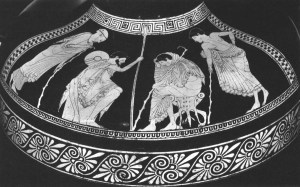 Achiiles (centre right) argues with Odysseus. Patroclus is far right.