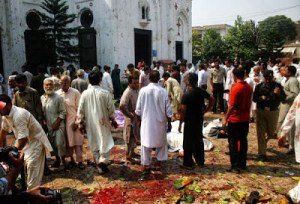blood in the church courtyard after the bombing