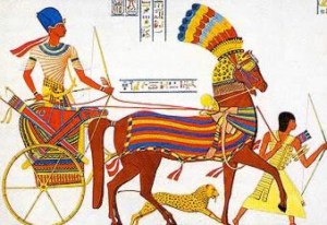 Pharaoh in chariot with pet lion