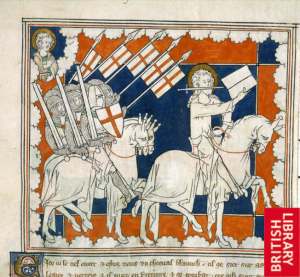 14 British library Rider on white horse Rev Description: (Miniature) The Rider on the White Horse and his followers. Above left: St. John. Title of Work: Apocalypse Author: - Illustrator: - Production: England; early 14th century Language/Script: Anglo-Norman / -